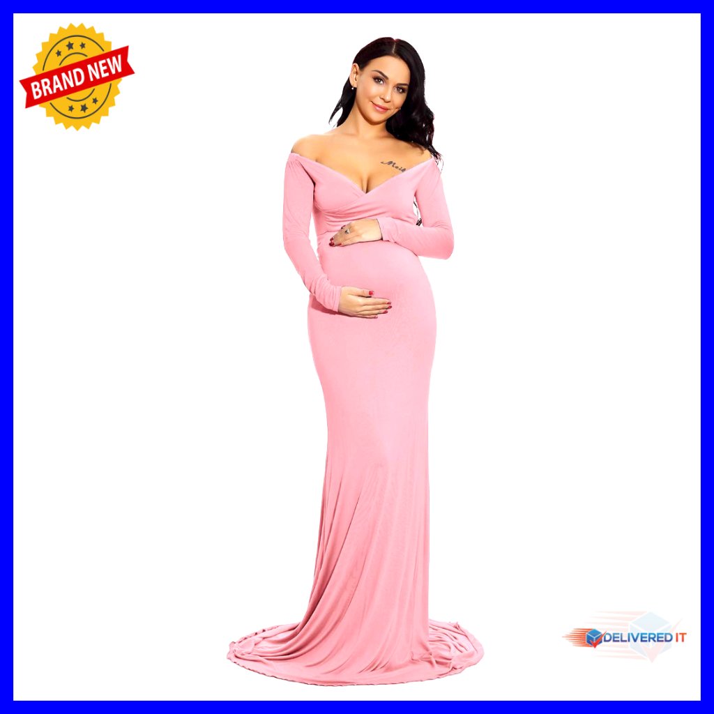 Maternity Off Shoulder Bodycon Long Dress For Photo Shoot Baby Shower